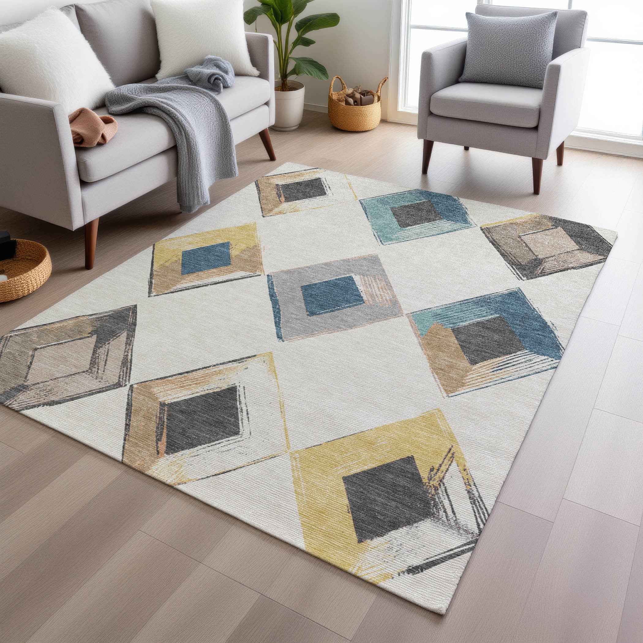 3' X 5' Ivory Gold And Gray Geometric Washable Indoor Outdoor Area Rug