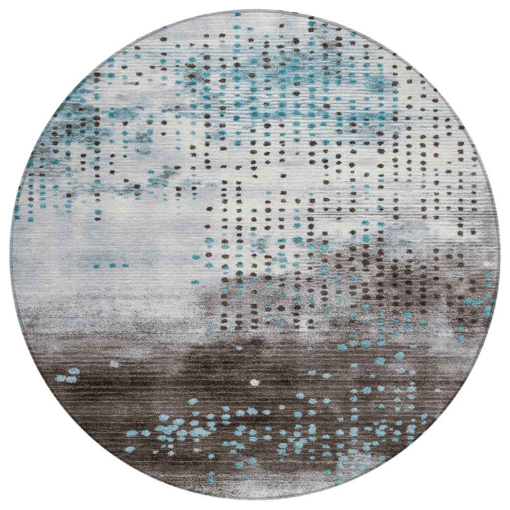 8' Teal Blue And Brown Round Geometric Washable Indoor Outdoor Area Rug