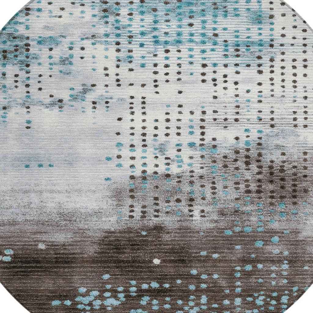 8' Teal Blue And Brown Round Geometric Washable Indoor Outdoor Area Rug