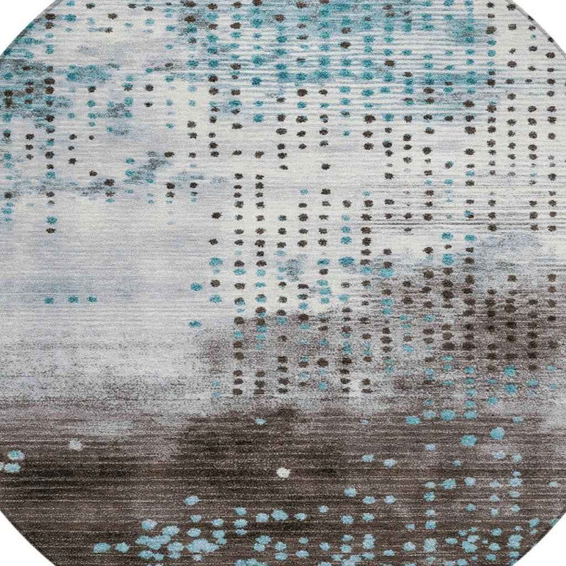 8' Teal Blue And Brown Round Geometric Washable Indoor Outdoor Area Rug