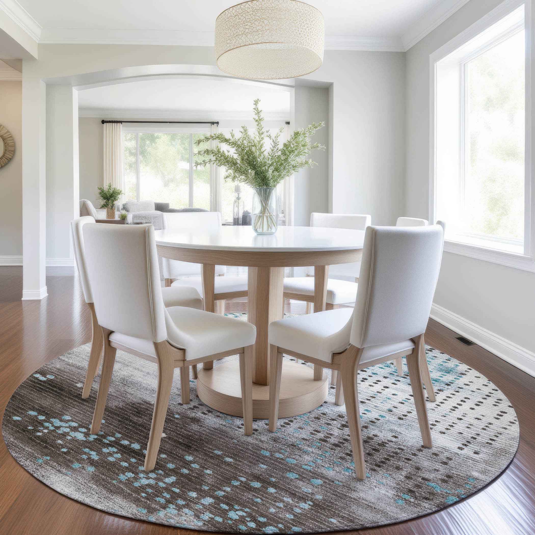 8' Teal Blue And Brown Round Geometric Washable Indoor Outdoor Area Rug