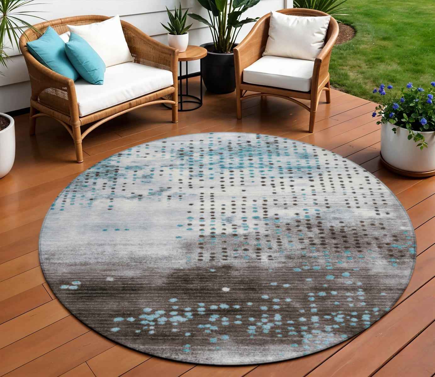 8' Teal Blue And Brown Round Geometric Washable Indoor Outdoor Area Rug