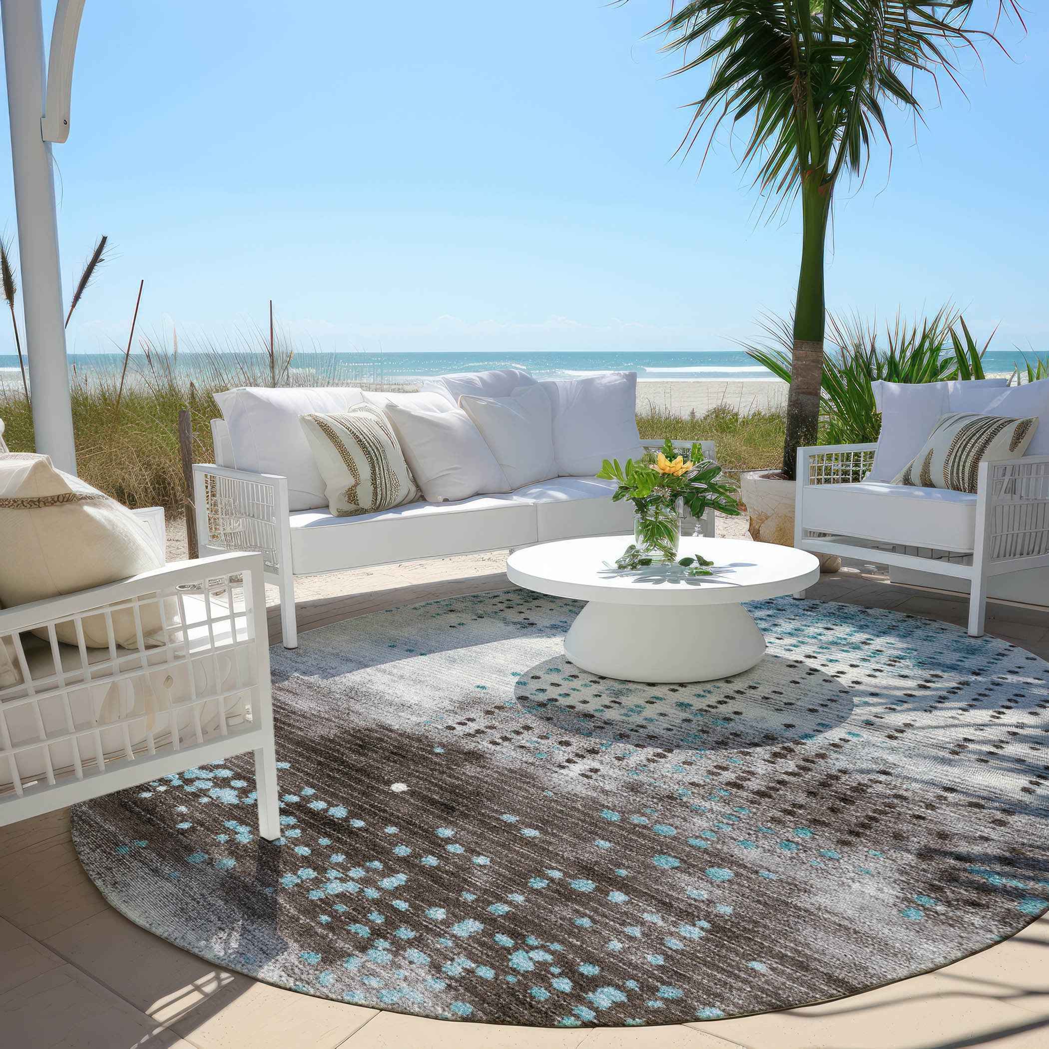 8' Teal Blue And Brown Round Geometric Washable Indoor Outdoor Area Rug