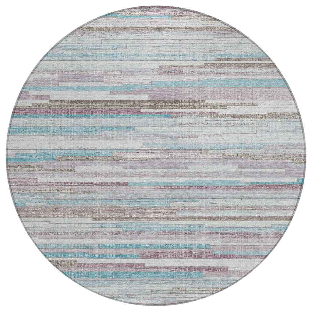8' Teal Blue And Beige Round Striped Washable Indoor Outdoor Area Rug