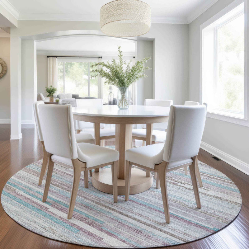 8' Teal Blue And Beige Round Striped Washable Indoor Outdoor Area Rug