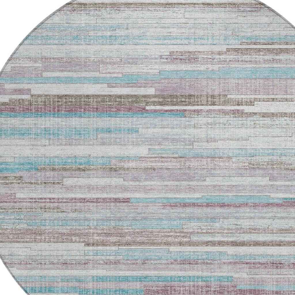 8' Teal Blue And Beige Round Striped Washable Indoor Outdoor Area Rug