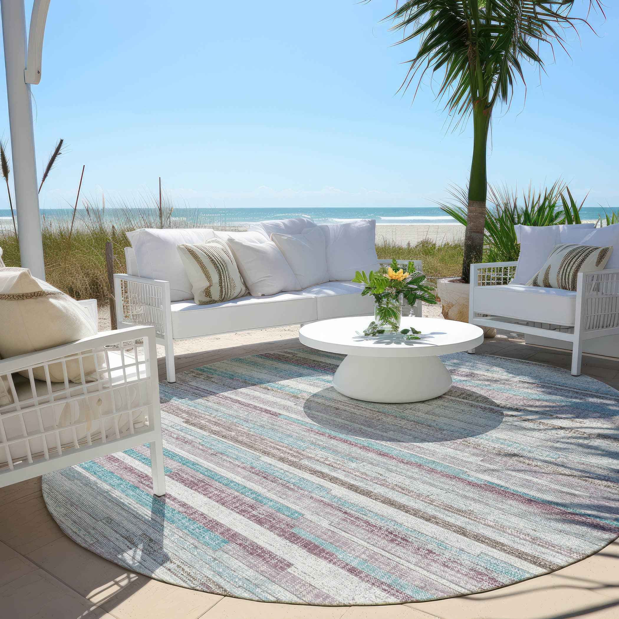 8' Teal Blue And Beige Round Striped Washable Indoor Outdoor Area Rug
