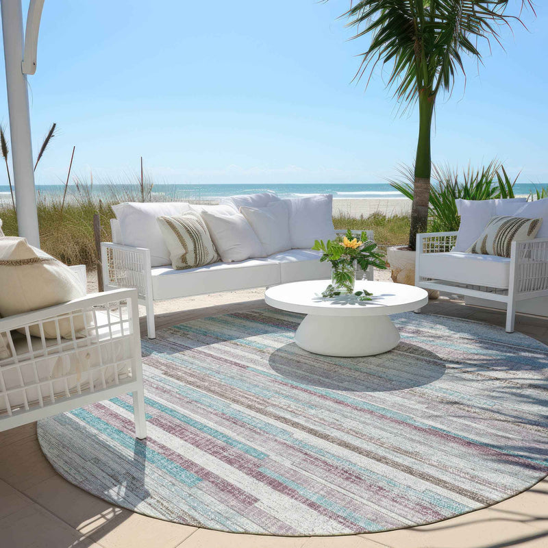 8' Teal Blue And Beige Round Striped Washable Indoor Outdoor Area Rug