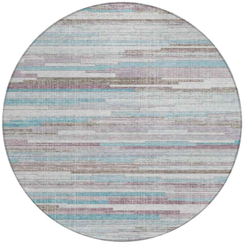 8' Teal Blue And Beige Round Striped Washable Indoor Outdoor Area Rug