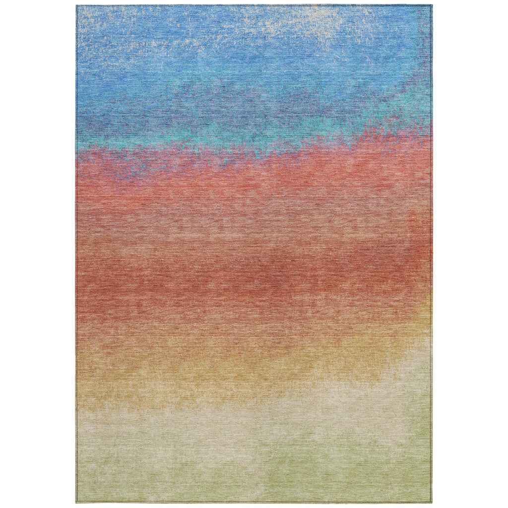 9' X 12' Coral And Blue Ombre Washable Indoor Outdoor Area Rug