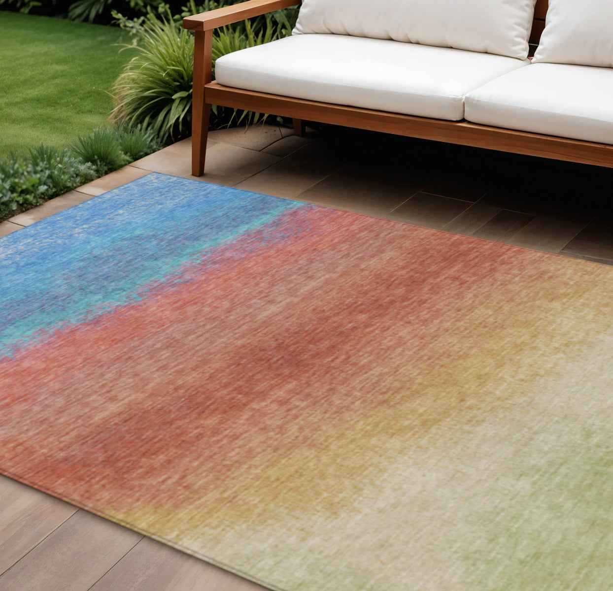 9' X 12' Coral And Blue Ombre Washable Indoor Outdoor Area Rug