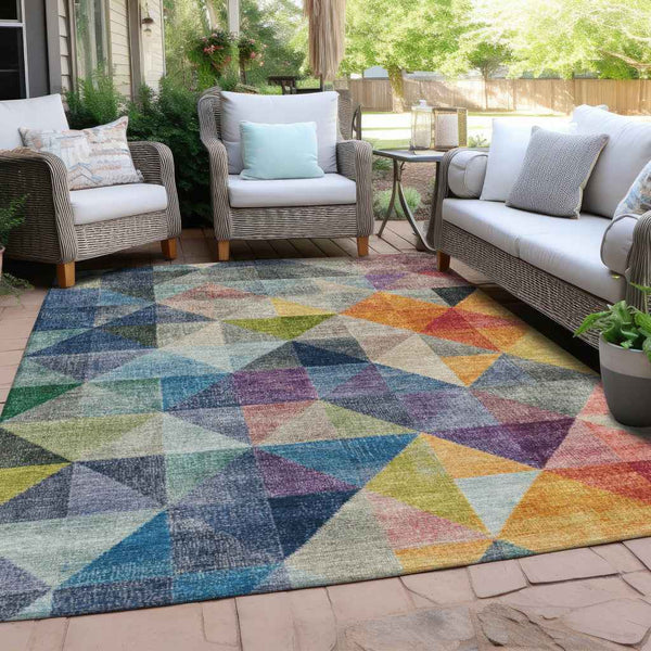 10' X 14' Beige Navy Blue And Orange Geometric Washable Indoor Outdoor Area Rug