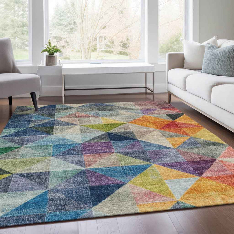 10' X 14' Beige Navy Blue And Orange Geometric Washable Indoor Outdoor Area Rug