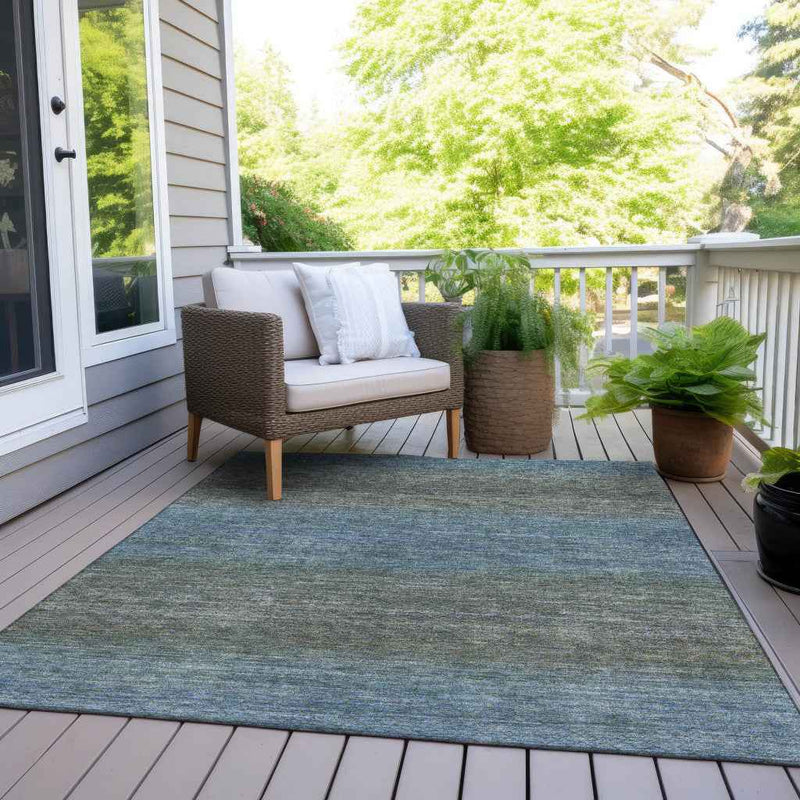 5' X 8' Blue And Taupe Geometric Washable Indoor Outdoor Area Rug