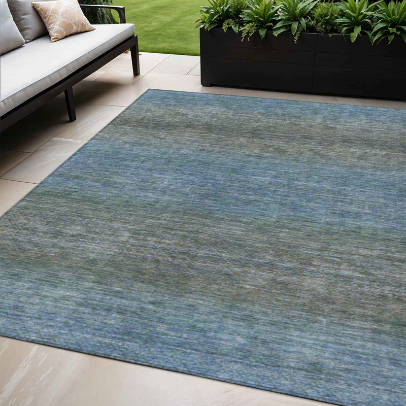 5' X 8' Blue And Taupe Geometric Washable Indoor Outdoor Area Rug