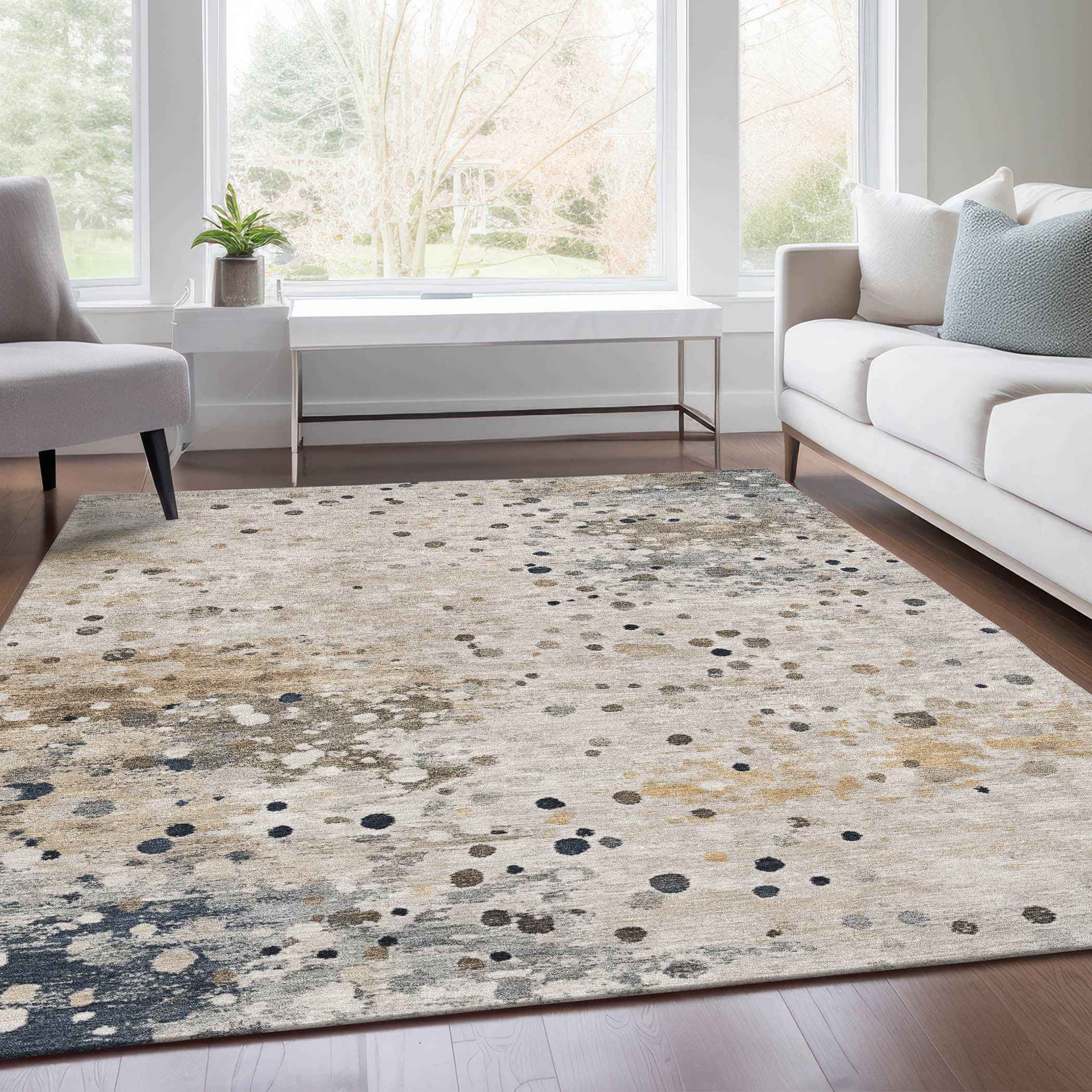 9' X 12' Ivory And Taupe Abstract Washable Indoor Outdoor Area Rug