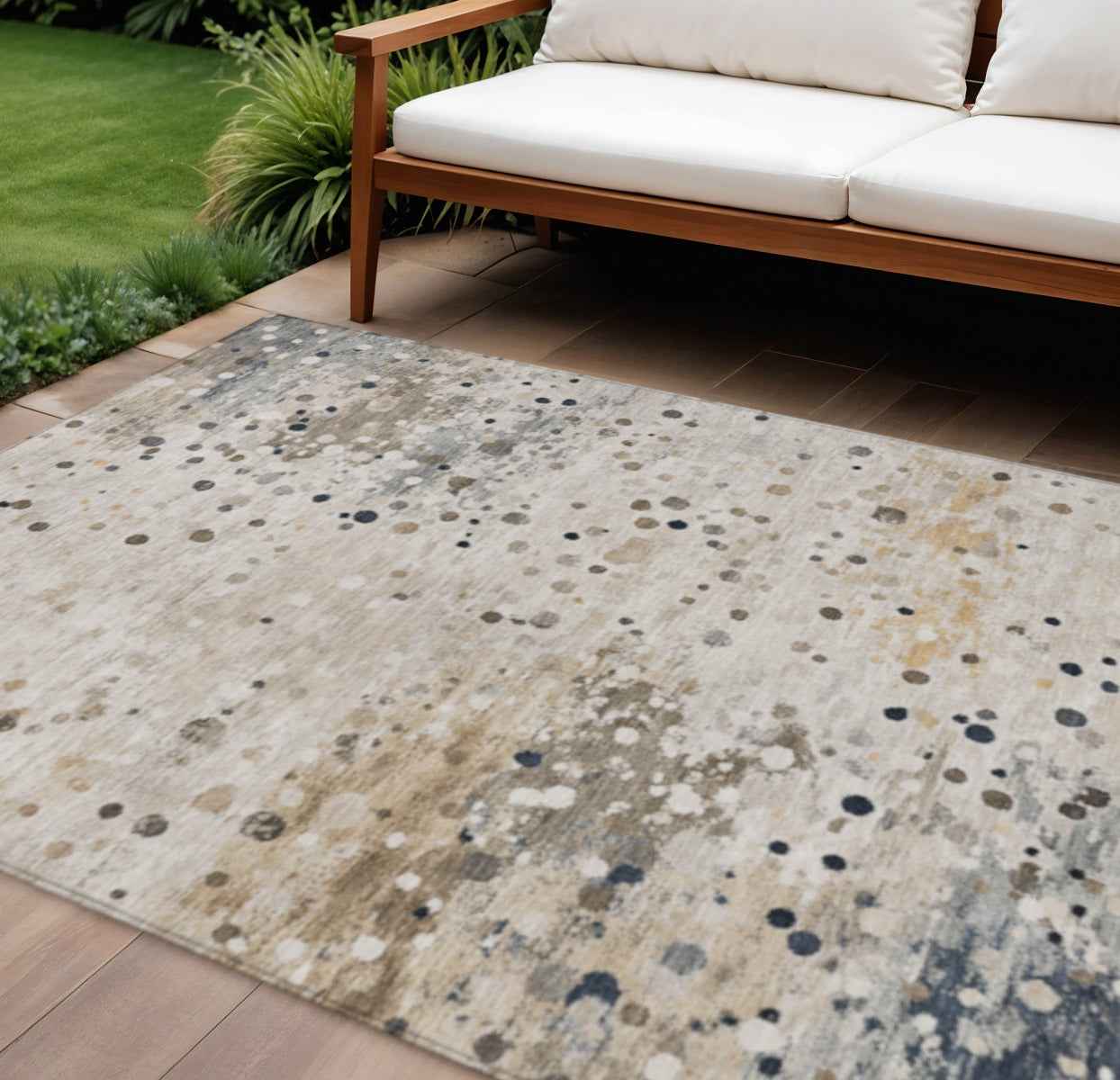 9' X 12' Ivory And Taupe Abstract Washable Indoor Outdoor Area Rug