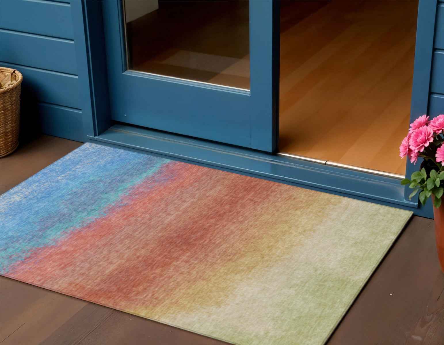 3' X 5' Coral And Blue Ombre Washable Indoor Outdoor Area Rug