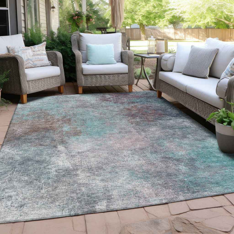 10' X 14' Teal Blue And Blush Abstract Washable Indoor Outdoor Area Rug