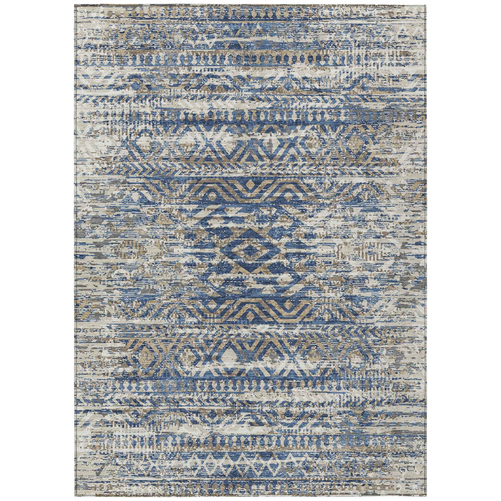 8' X 10' Blue And Beige Moroccan Washable Indoor Outdoor Area Rug