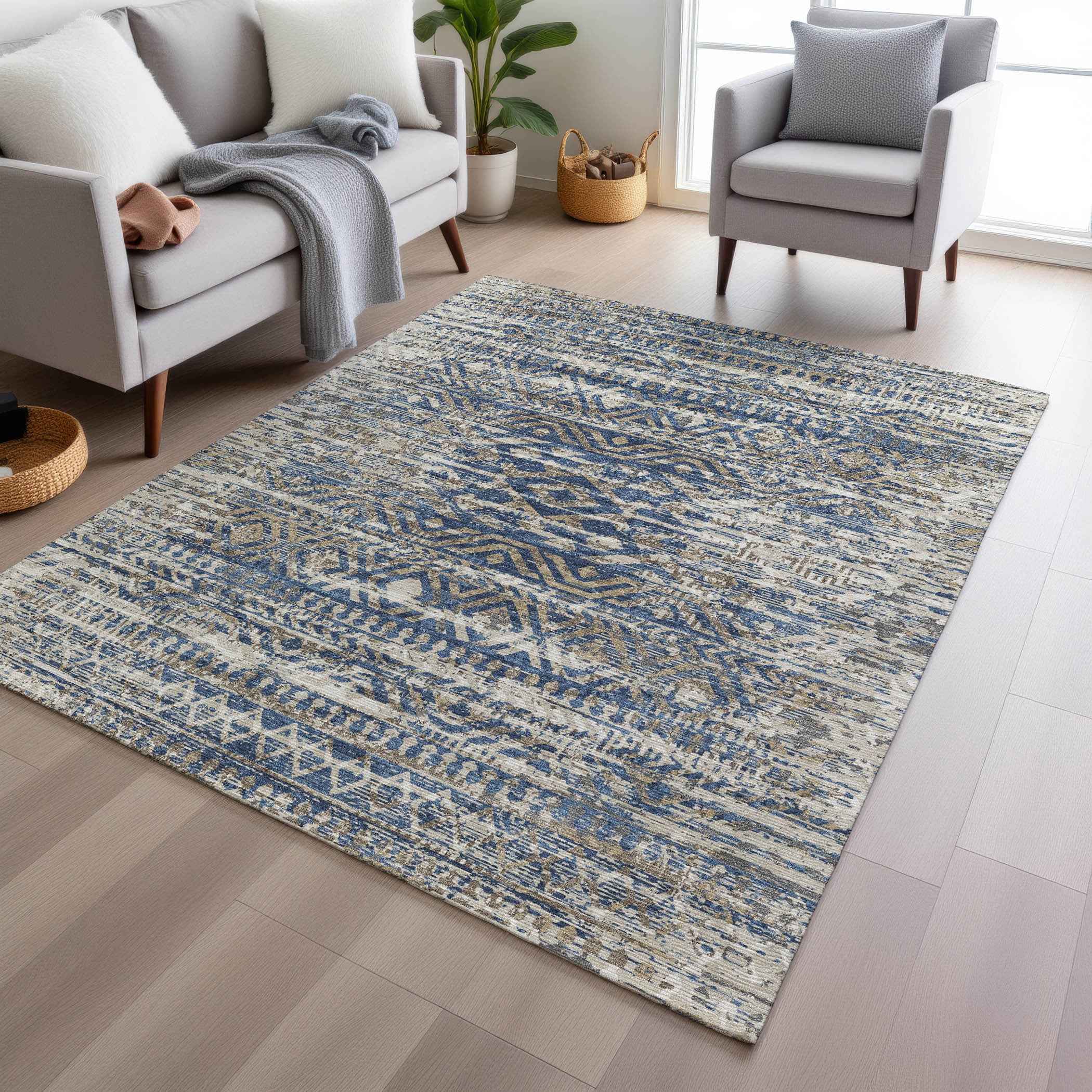 8' X 10' Blue And Beige Moroccan Washable Indoor Outdoor Area Rug