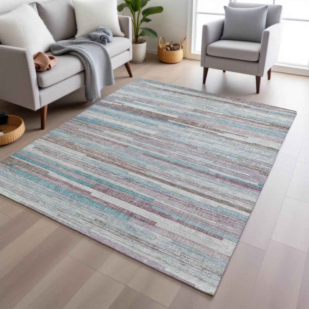 5' X 8' Teal Blue And Beige Striped Washable Indoor Outdoor Area Rug