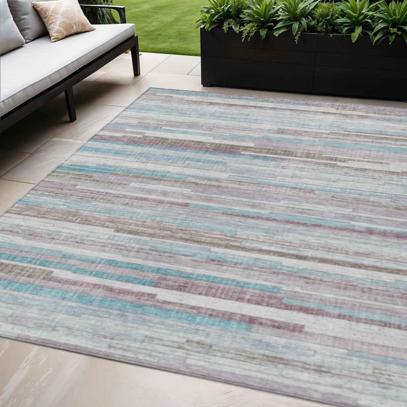 5' X 8' Teal Blue And Beige Striped Washable Indoor Outdoor Area Rug