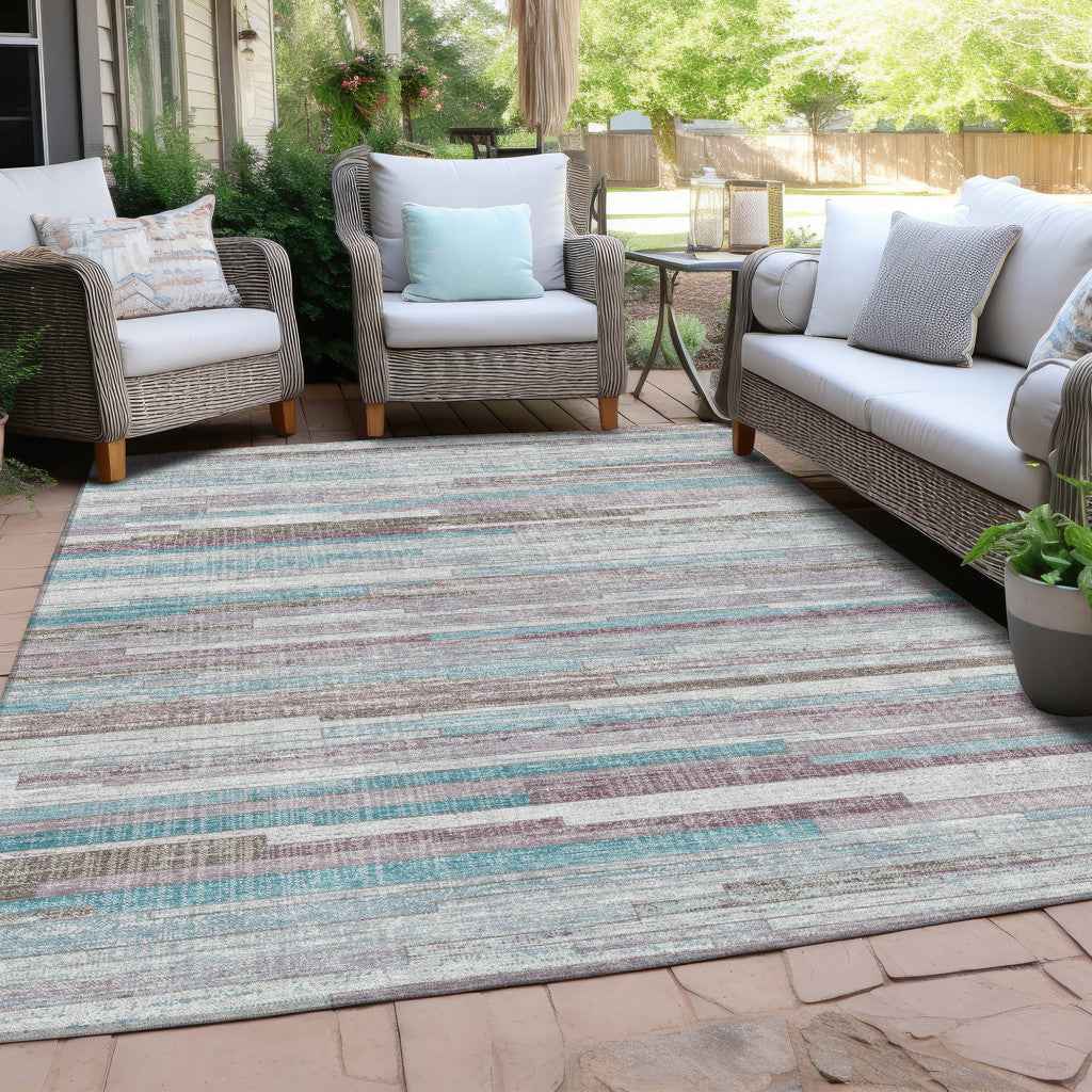 5' X 8' Teal Blue And Beige Striped Washable Indoor Outdoor Area Rug