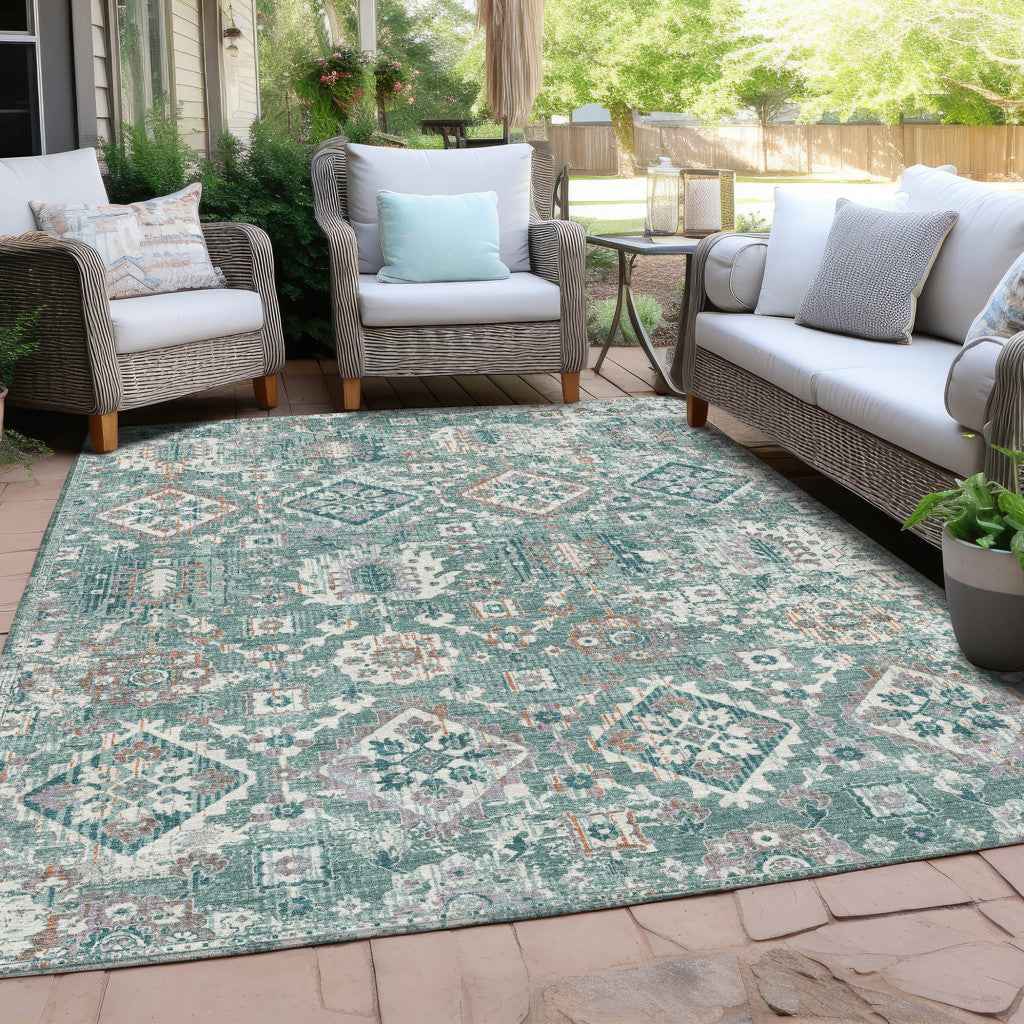 8' X 10' Pale Aqua And Copper Floral Medallion Washable Indoor Outdoor Area Rug