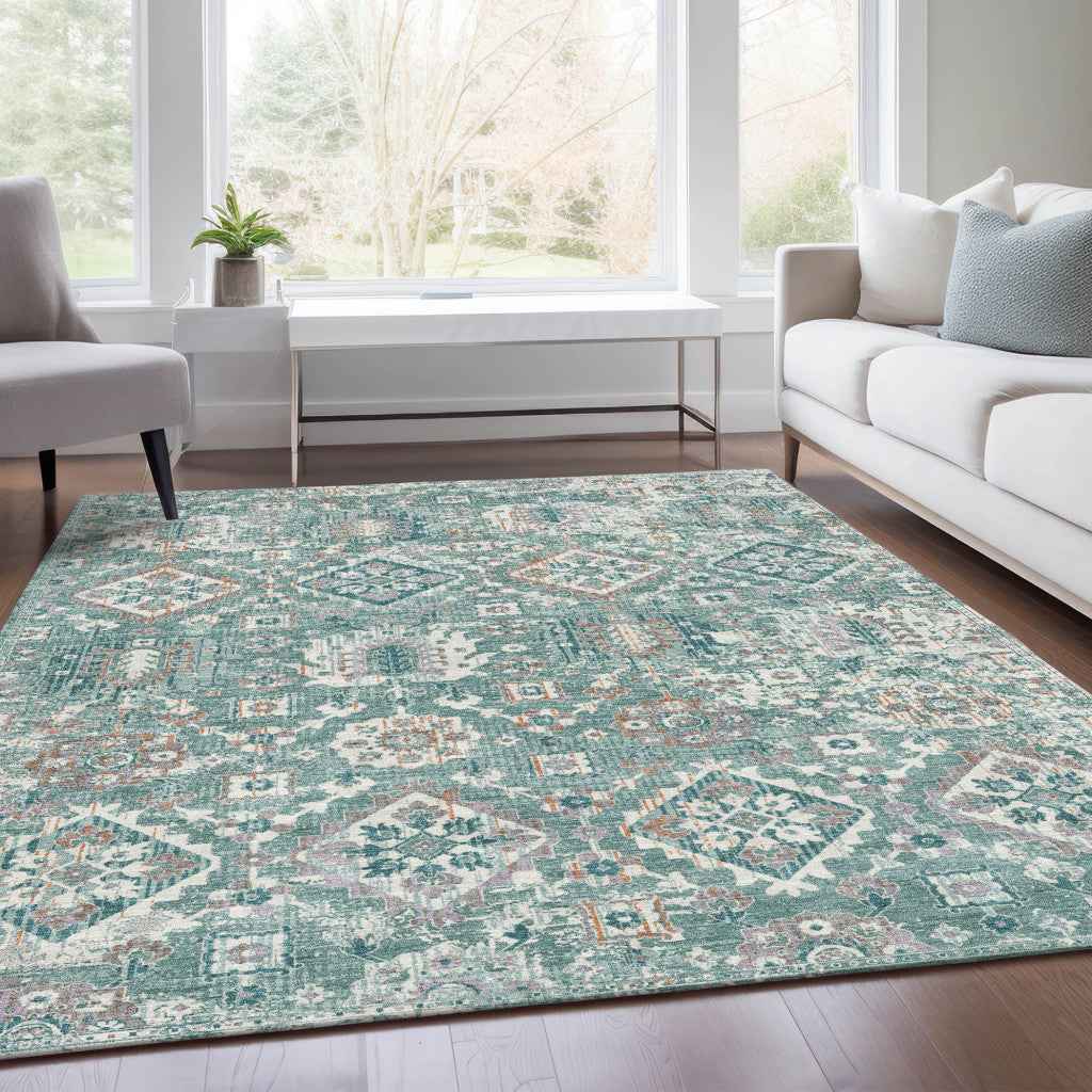 8' X 10' Pale Aqua And Copper Floral Medallion Washable Indoor Outdoor Area Rug