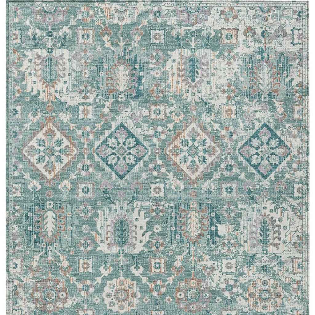 8' X 10' Pale Aqua And Copper Floral Medallion Washable Indoor Outdoor Area Rug