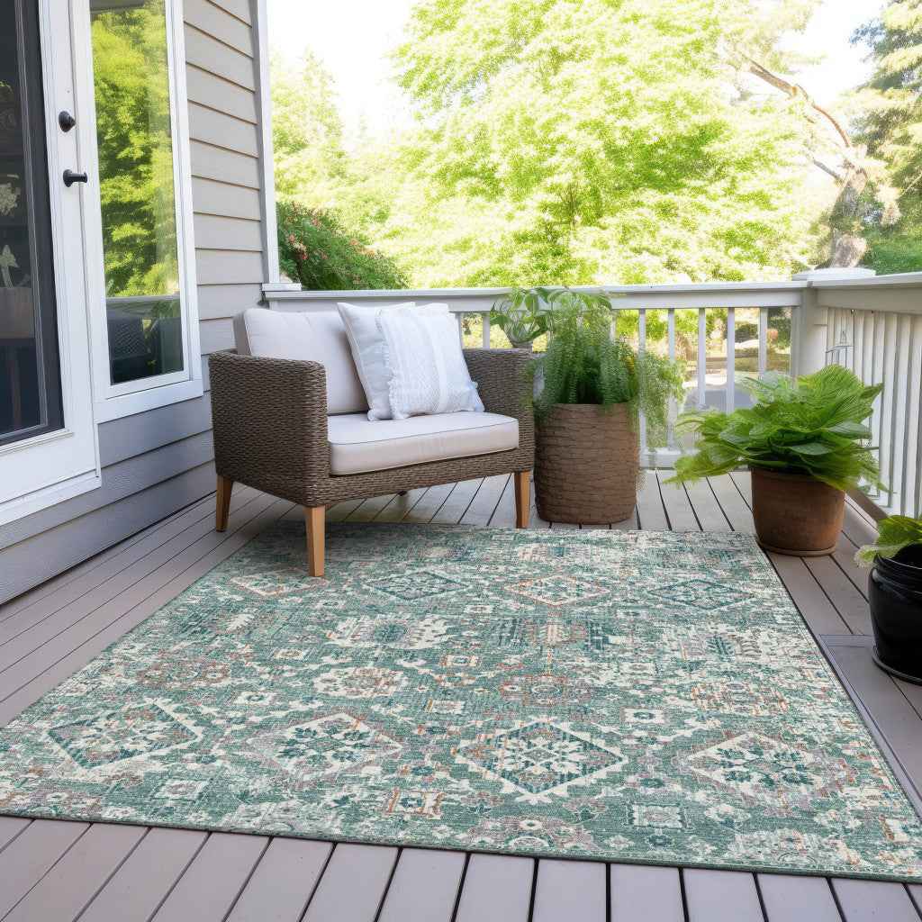 8' X 10' Pale Aqua And Copper Floral Medallion Washable Indoor Outdoor Area Rug