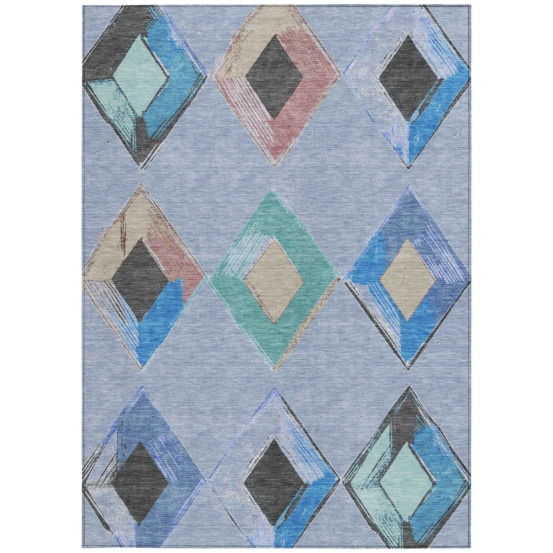 8' X 10' Denim Blue Mint Green And Gray Geometric Washable Indoor Outdoor Area Rug