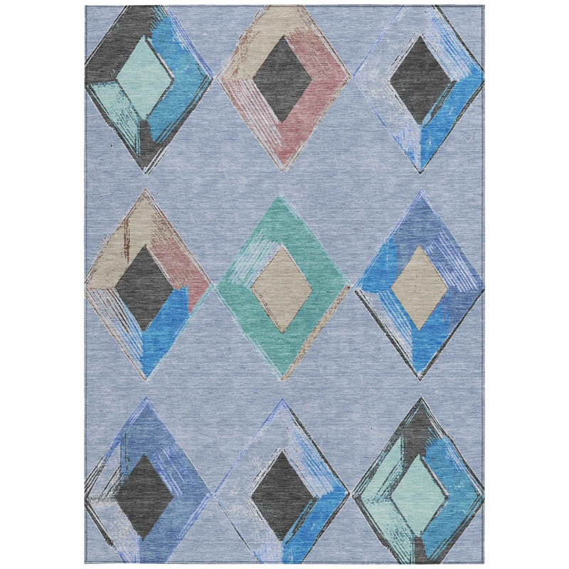 8' X 10' Denim Blue Mint Green And Gray Geometric Washable Indoor Outdoor Area Rug