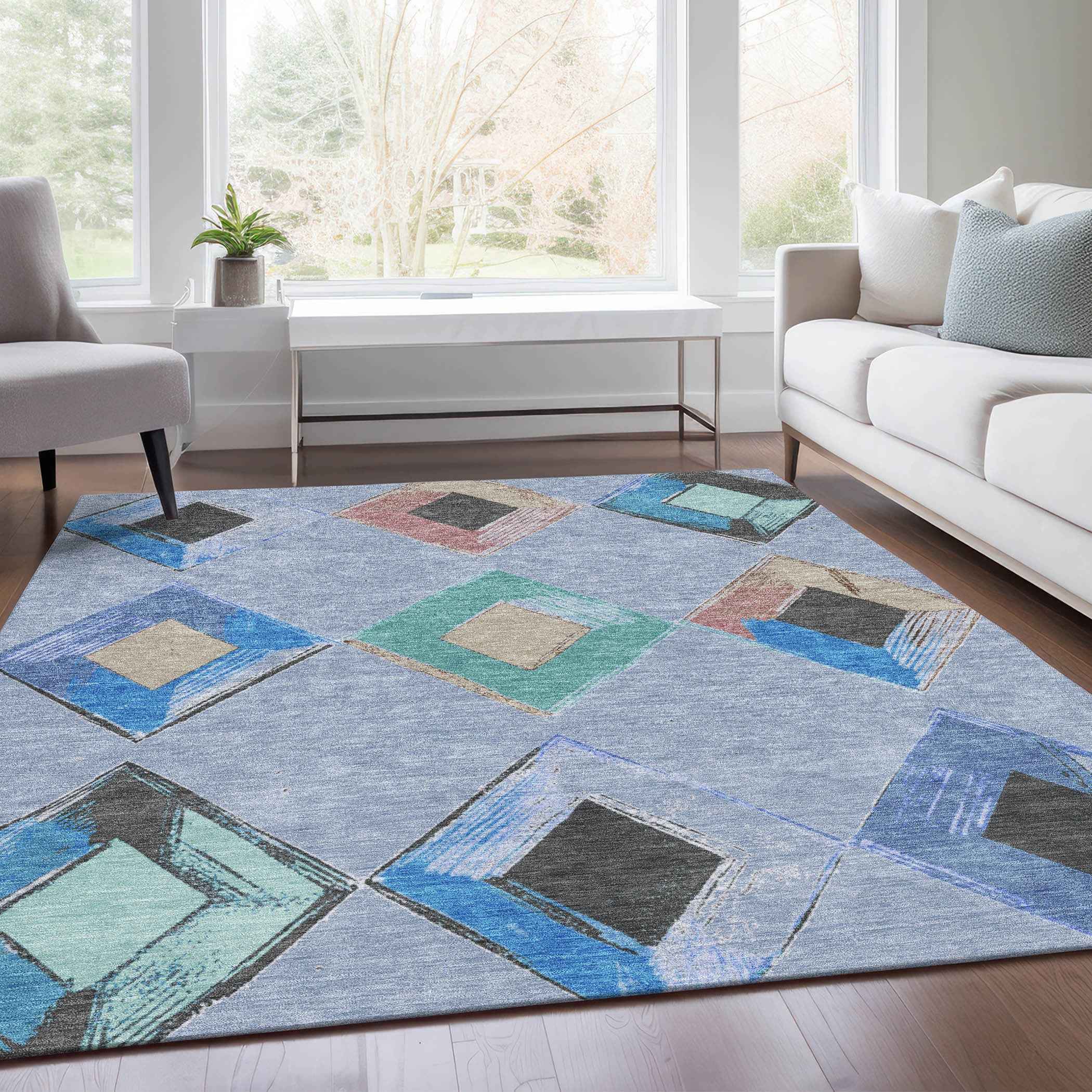 8' X 10' Denim Blue Mint Green And Gray Geometric Washable Indoor Outdoor Area Rug