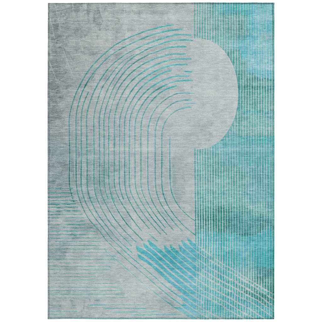 8' X 10' Teal Blue And Beige Geometric Washable Indoor Outdoor Area Rug