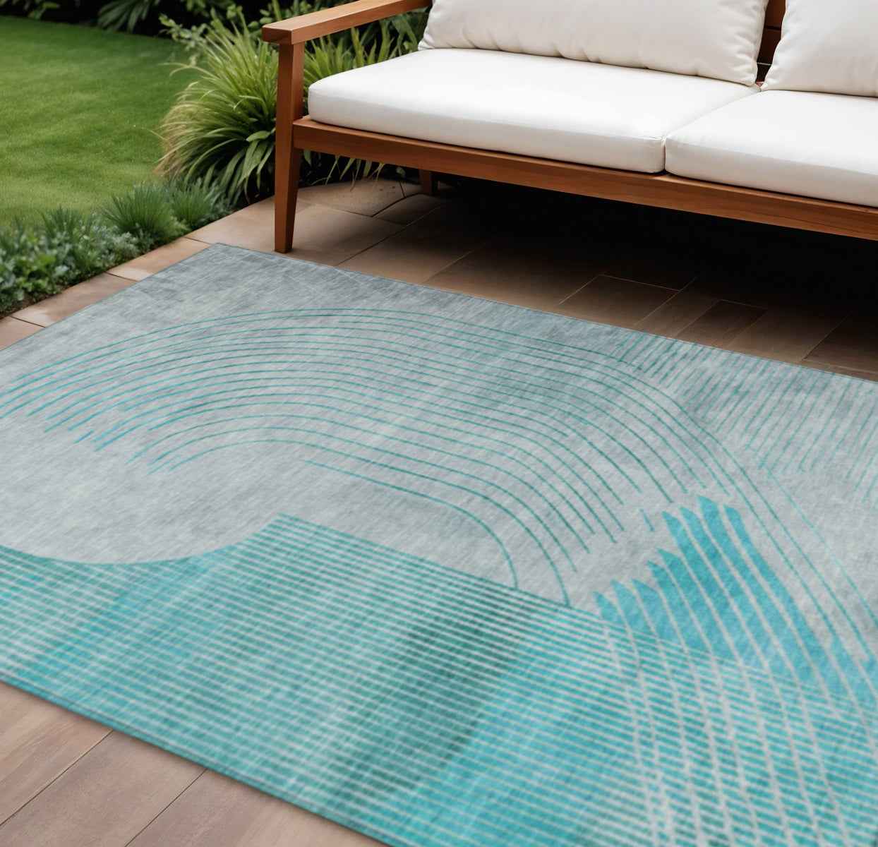 8' X 10' Teal Blue And Beige Geometric Washable Indoor Outdoor Area Rug