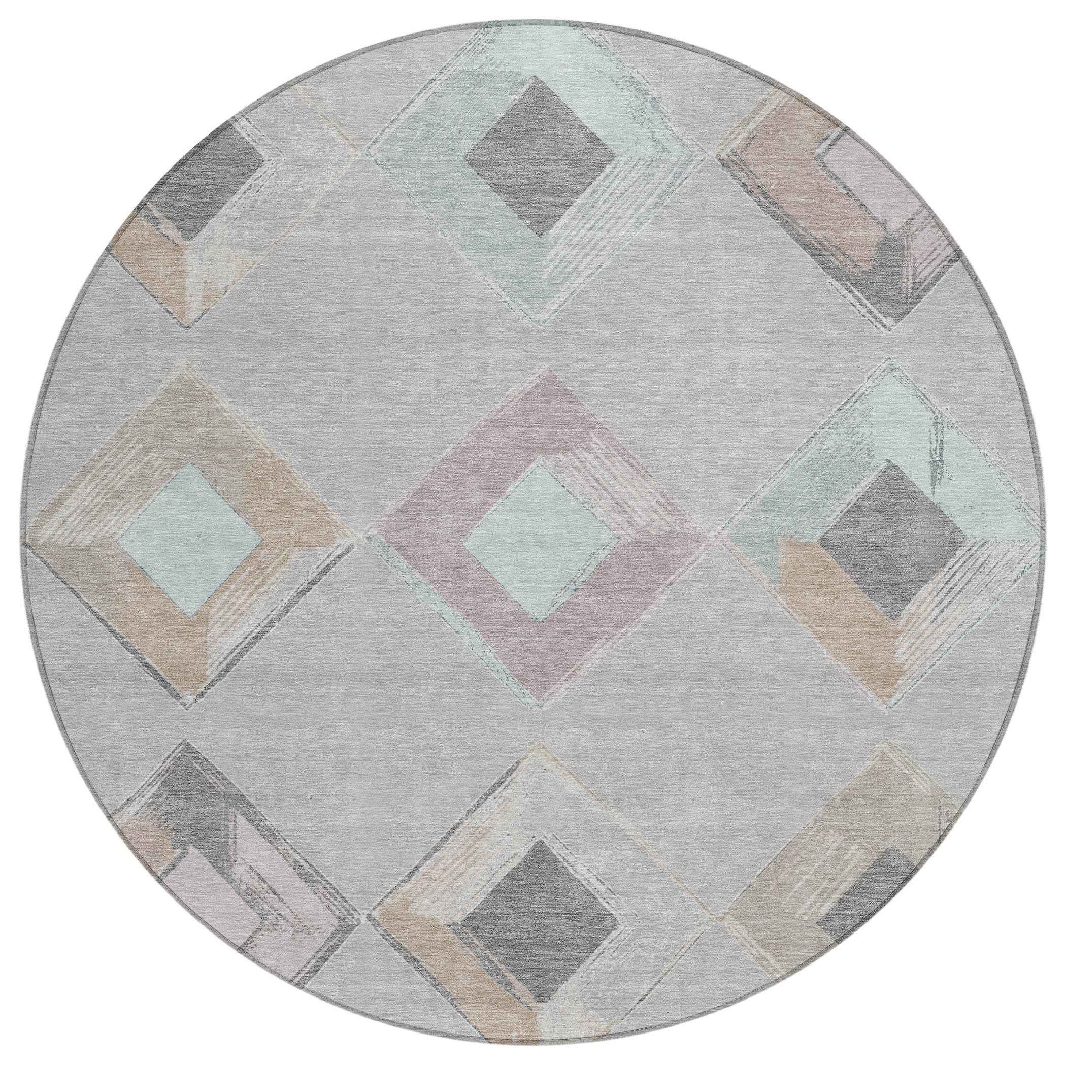 8' Gray Beige And Taupe Round Geometric Washable Indoor Outdoor Area Rug