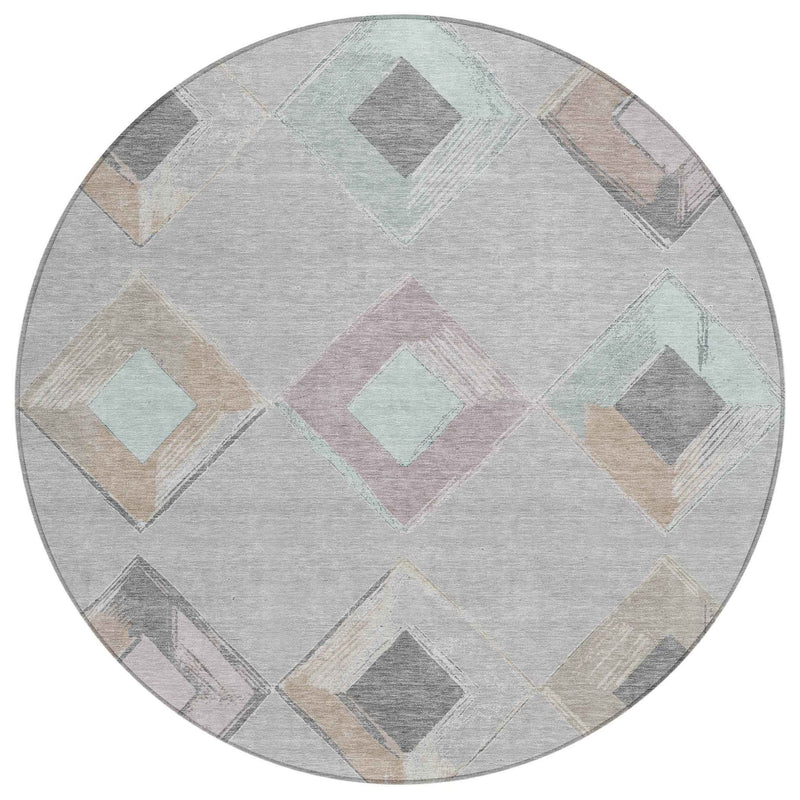 8' Gray Beige And Taupe Round Geometric Washable Indoor Outdoor Area Rug