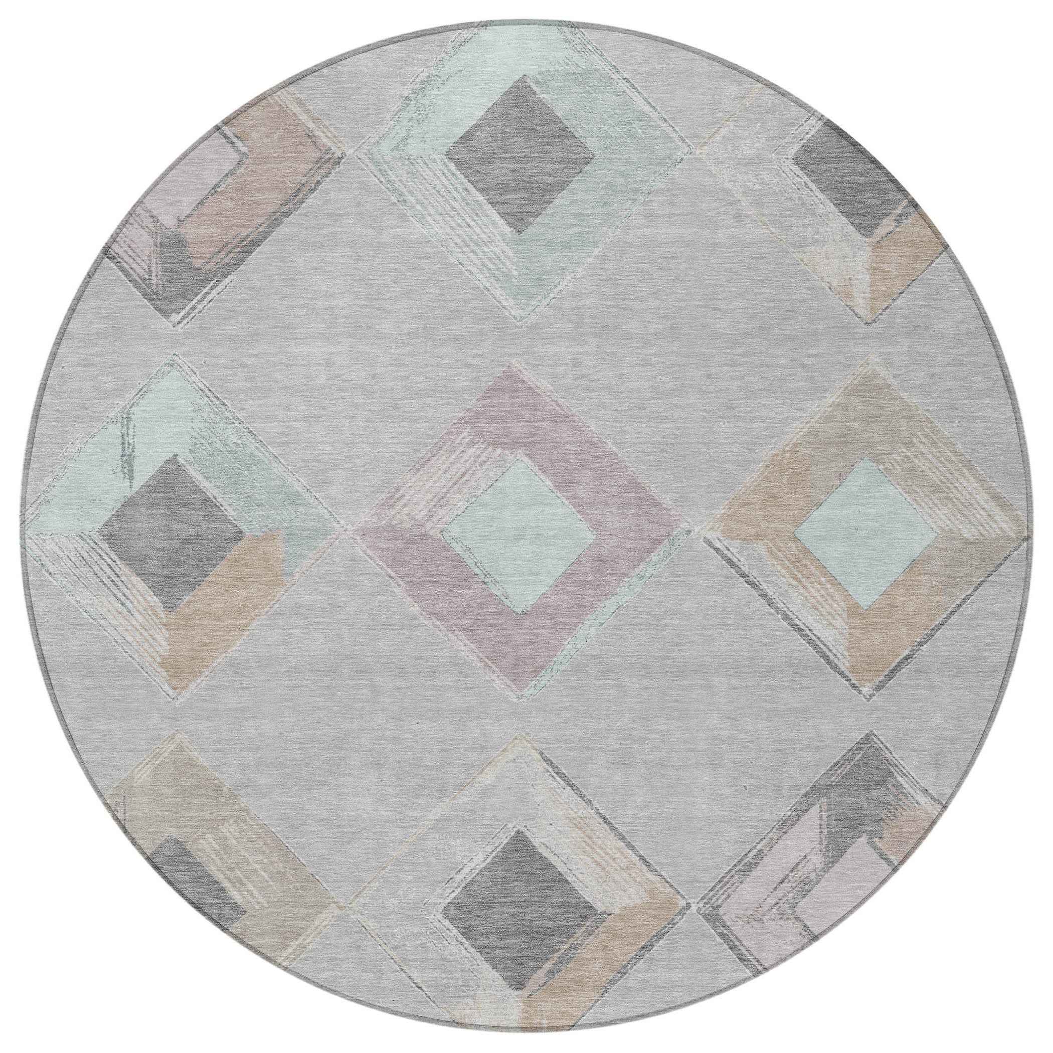 8' Gray Beige And Taupe Round Geometric Washable Indoor Outdoor Area Rug