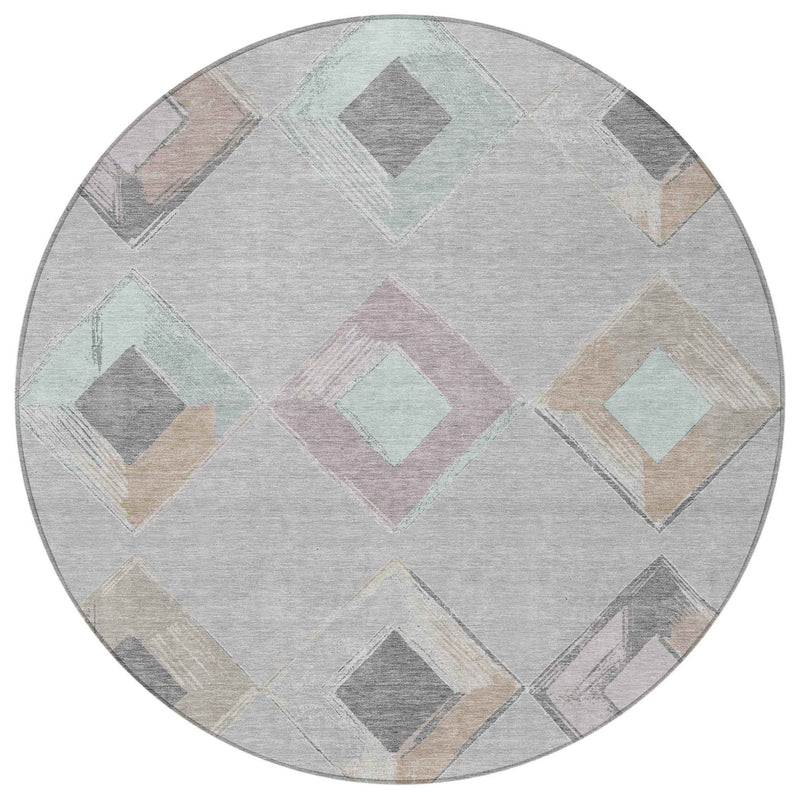 8' Gray Beige And Taupe Round Geometric Washable Indoor Outdoor Area Rug