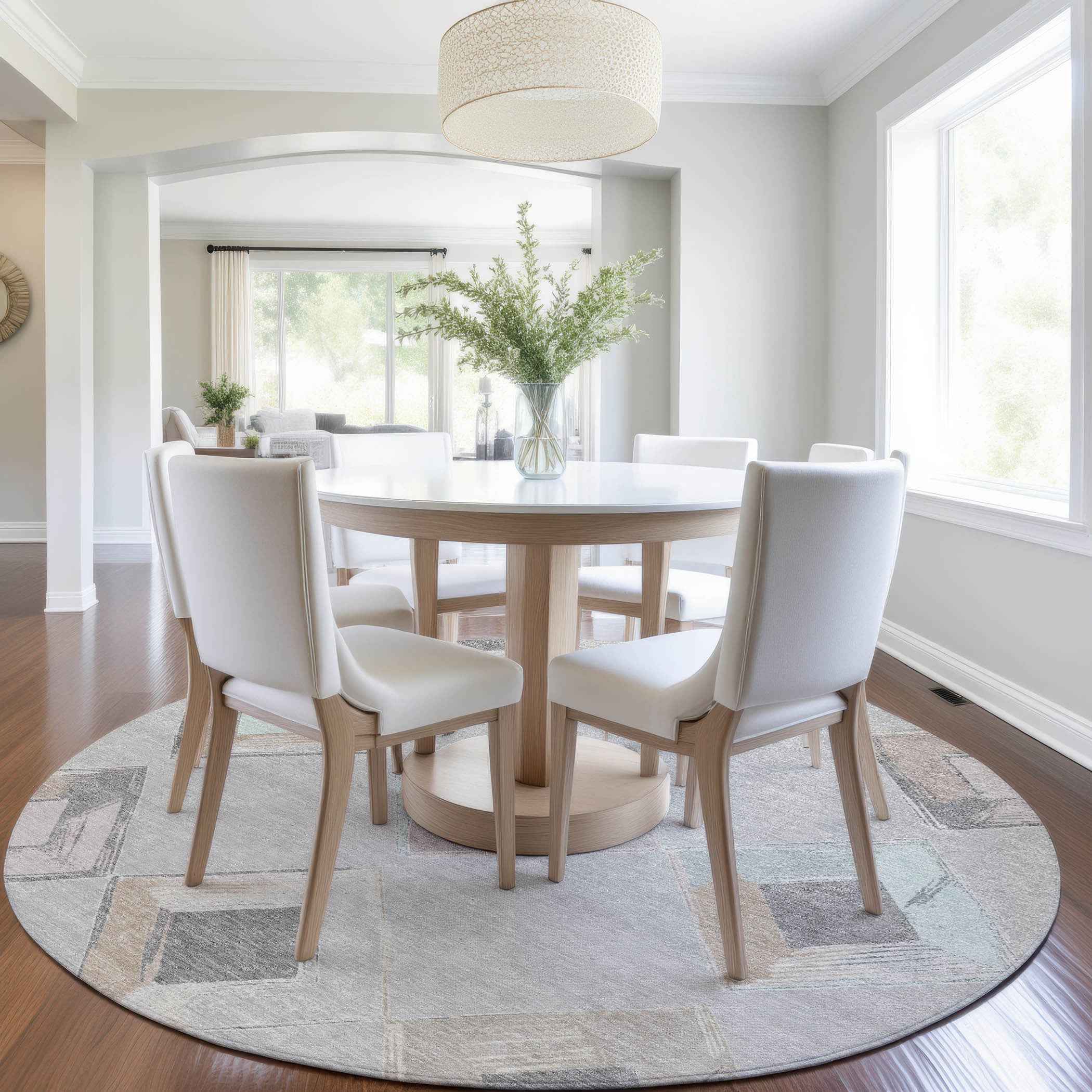 8' Gray Beige And Taupe Round Geometric Washable Indoor Outdoor Area Rug