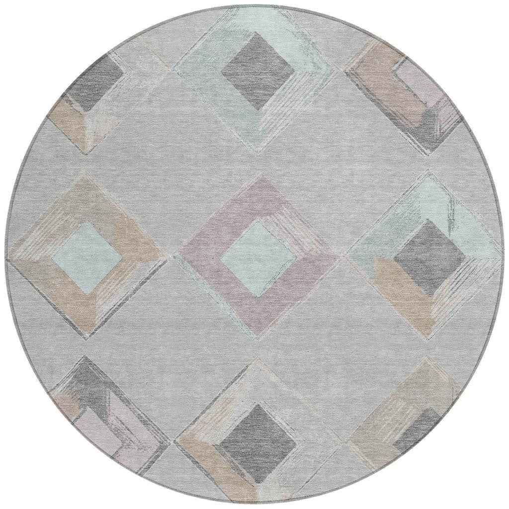 8' Gray Beige And Taupe Round Geometric Washable Indoor Outdoor Area Rug