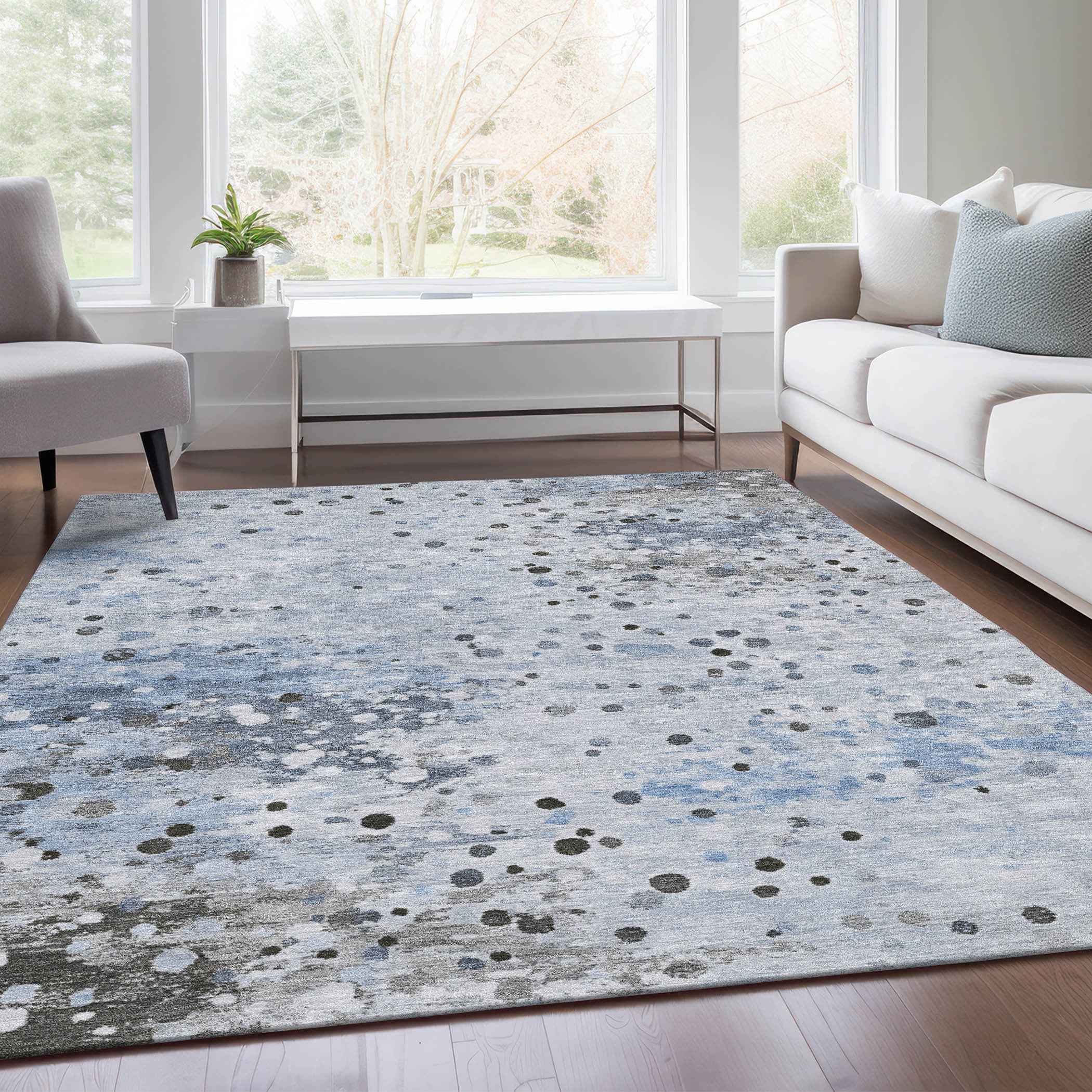 10' X 14' Sky Blue And Gray Abstract Washable Indoor Outdoor Area Rug