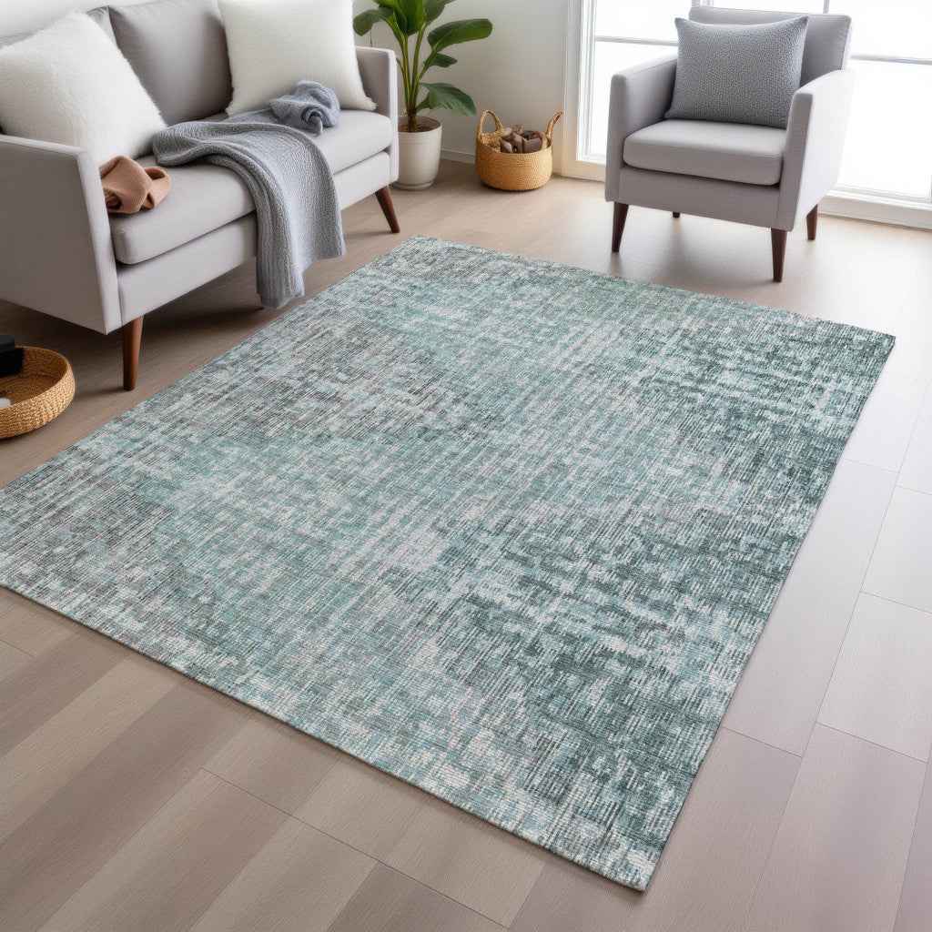 9' X 12' Teal Blue And Ivory Geometric Washable Indoor Outdoor Area Rug