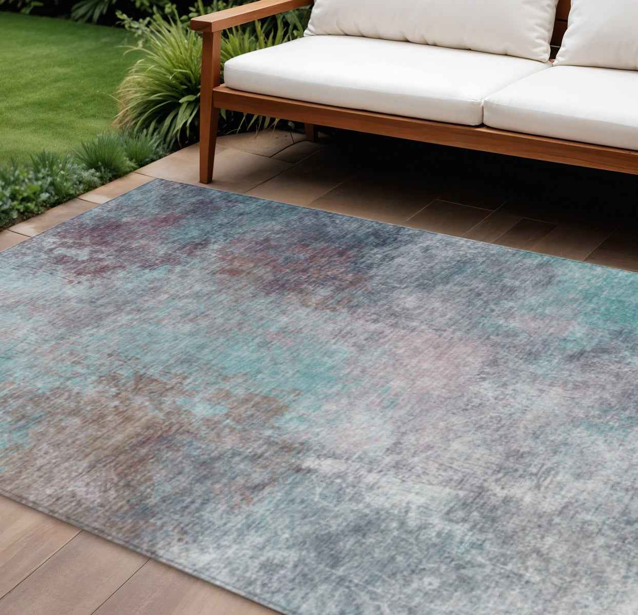 9' X 12' Teal Blue And Blush Abstract Washable Indoor Outdoor Area Rug