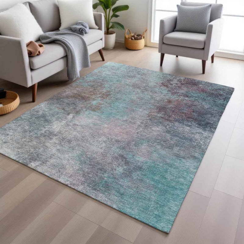 9' X 12' Teal Blue And Blush Abstract Washable Indoor Outdoor Area Rug
