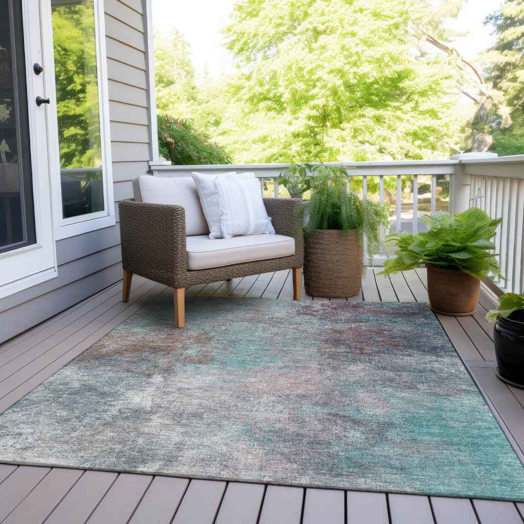 9' X 12' Teal Blue And Blush Abstract Washable Indoor Outdoor Area Rug