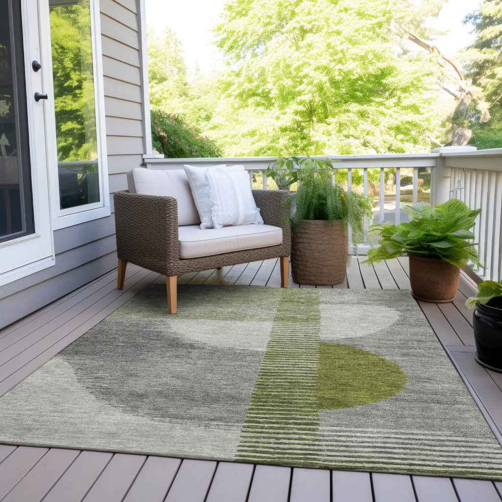10' X 14' Olive Green And Gray Geometric Washable Indoor Outdoor Area Rug