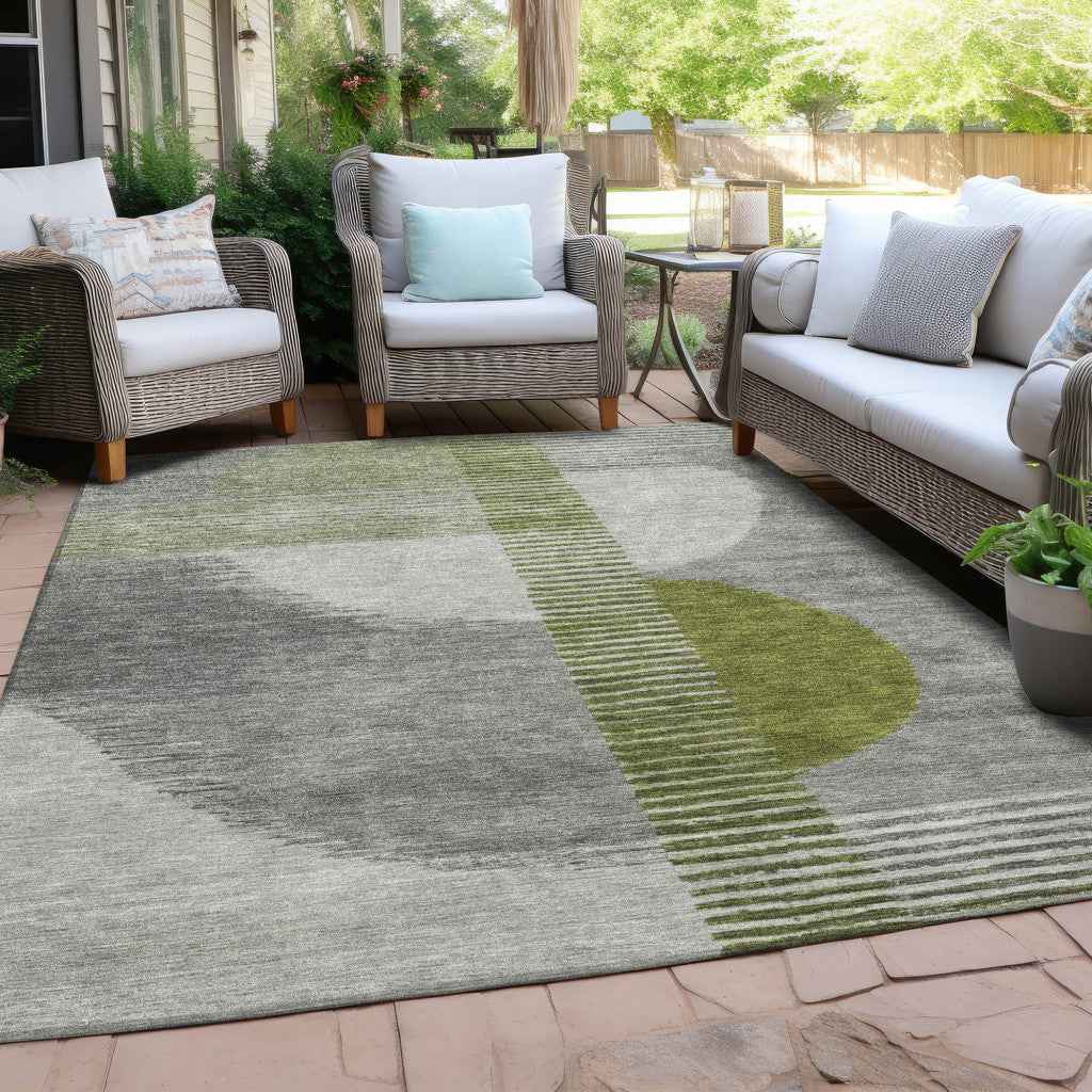 10' X 14' Olive Green And Gray Geometric Washable Indoor Outdoor Area Rug